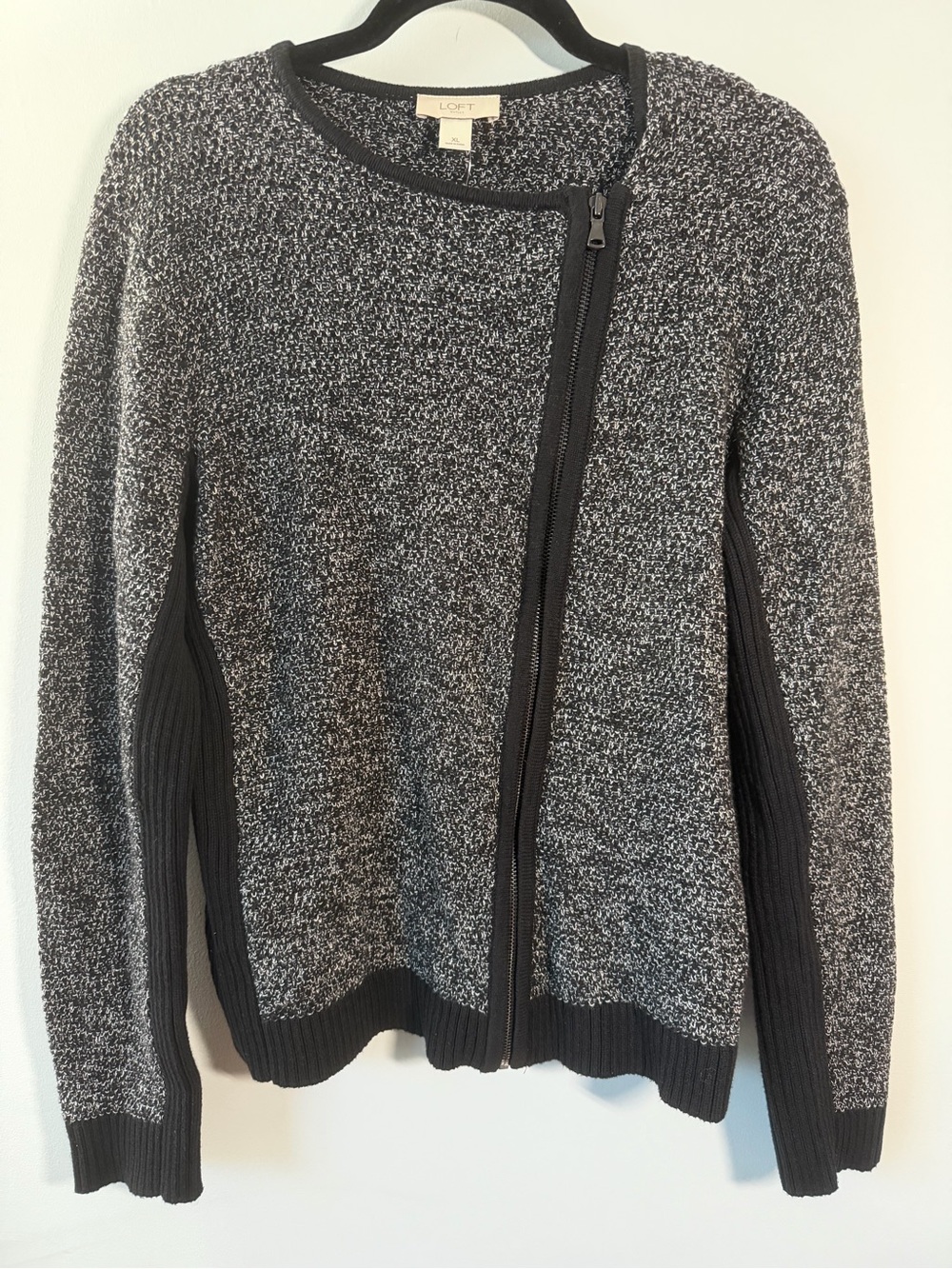 NWT LOFT Black & Gray Asymmetric Zip Crewneck Sweater